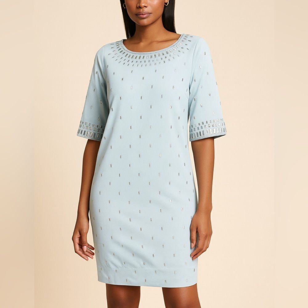 Gretchen Scott Blue Metallic Dot Shift Dress Size M Stretch Knit